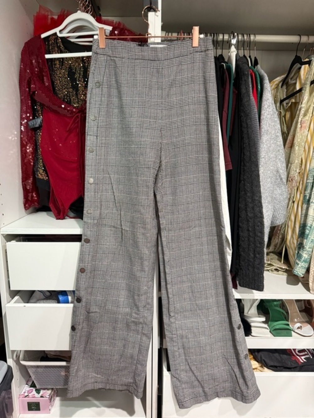Lush Gray Plaid Straight-Leg Button-Trim Pants - Picture 2 of 6